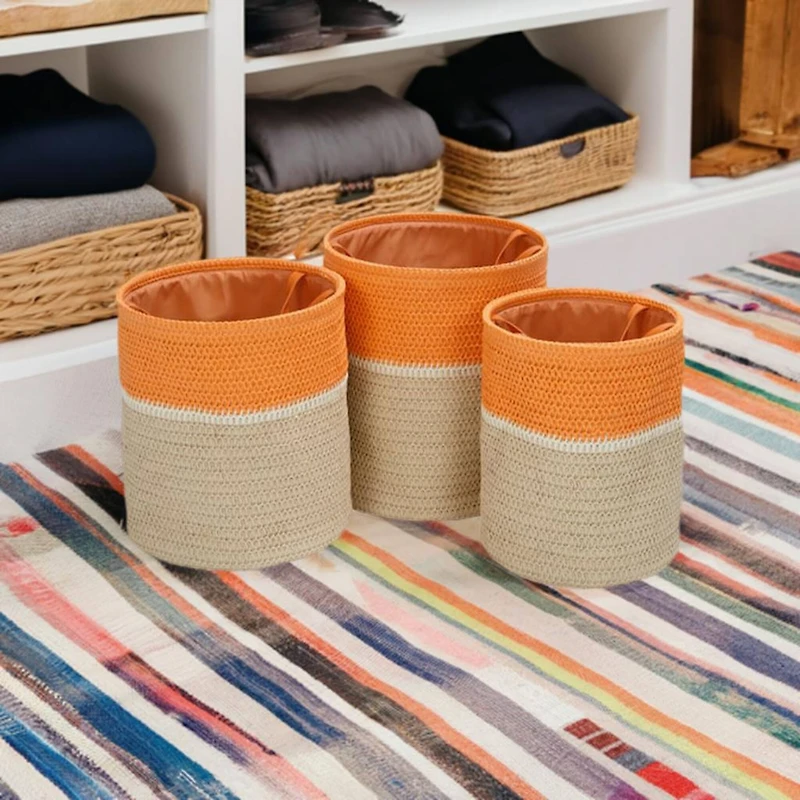 Honey Can Do Orange & Beige Paper Straw Nesting Baskets with Handles Set