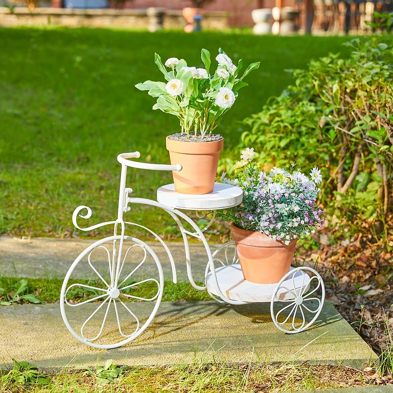 Glitzhome® 24" White Metal Tricycle Planter Stand with Solid Wood Tray