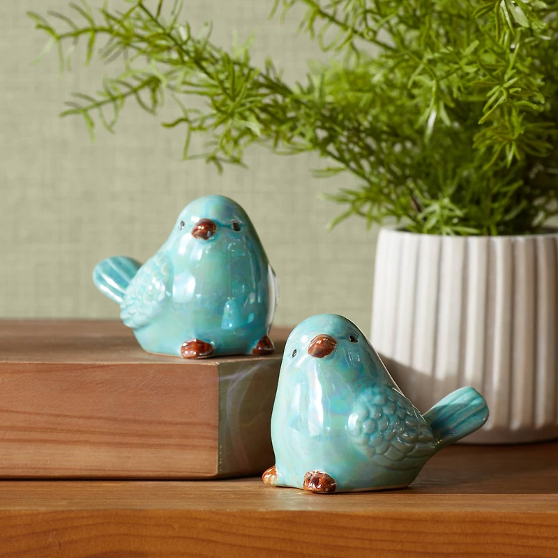 Blue Iridescent Ceramic Bird Figurines Set