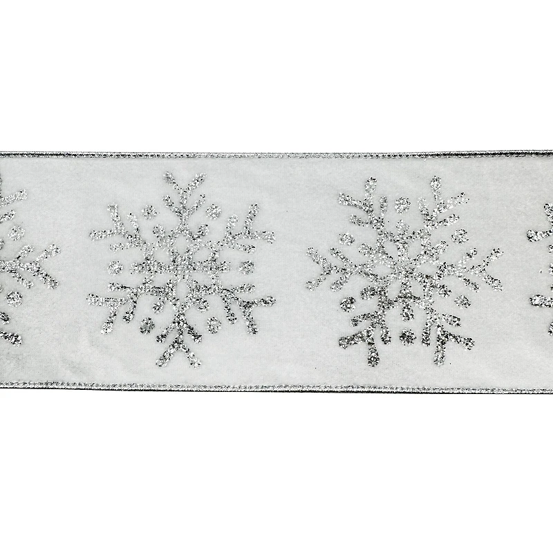 3.5" x 15ft. White & Silver Glitter Snowflakes Wired Velvet Ribbon by Celebrate It®