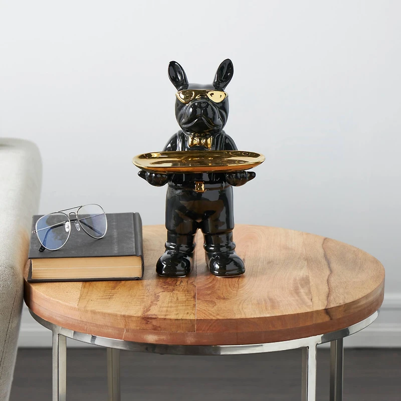 11.75" Black Ceramic Bulldog Sculpture with Golden Platter Décor