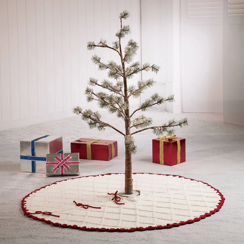 Glitzhome® 52" Knitted White Christmas Tree Skirt with Red Trim & Pom Pom