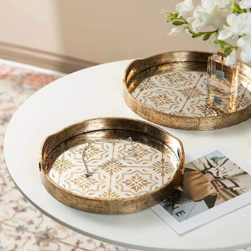 Glitzhome® Gold Round Abstract Mirrored Trays Set
