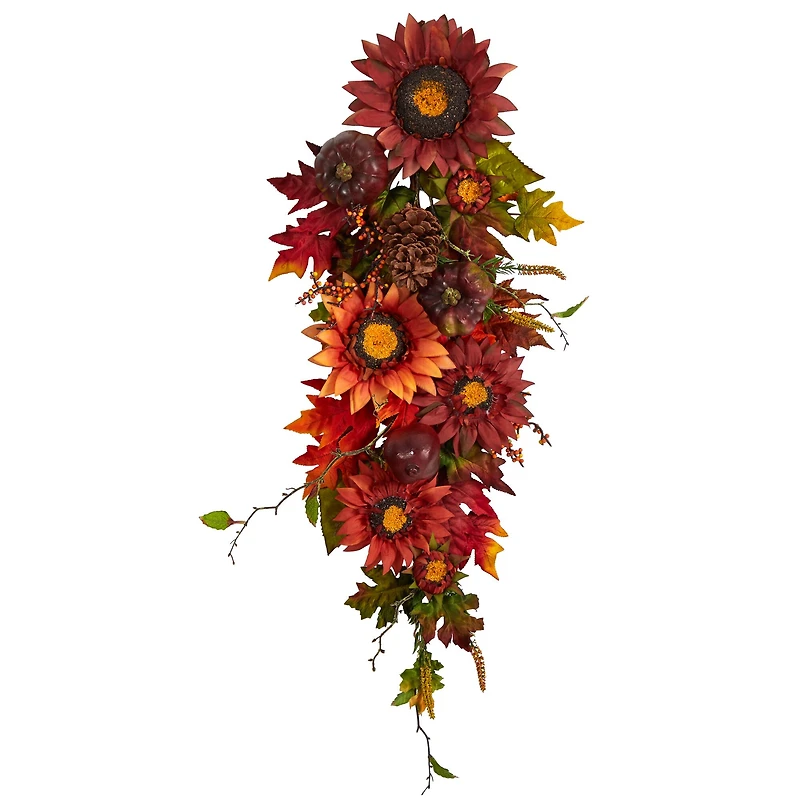 35" Sunflower, Pumpkin & Berries Autumn Teardrop Swag