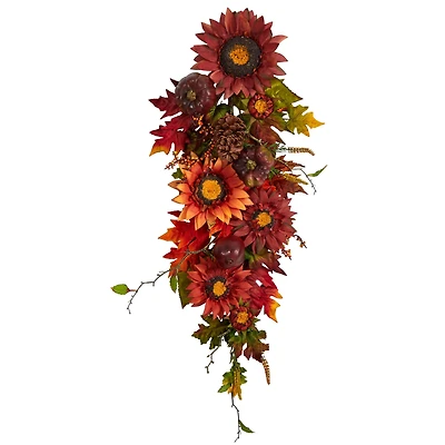 35" Sunflower, Pumpkin & Berries Autumn Teardrop Swag
