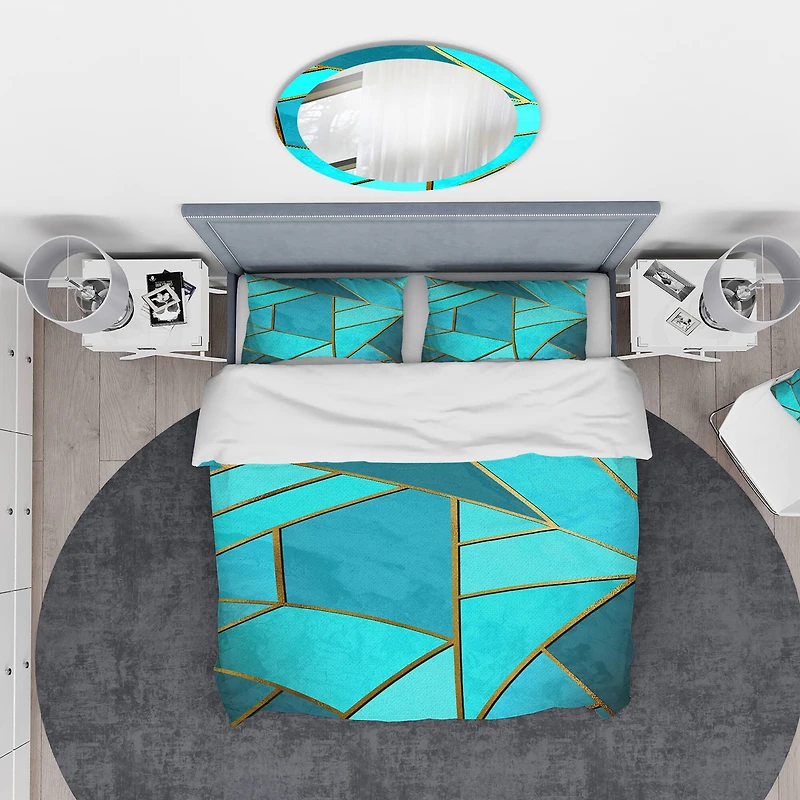 Designart 'Yellow Triangular Geometry over Background of Shades of Cyan' Modern & Contemporary Bedding Set