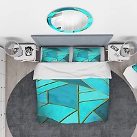 Designart 'Yellow Triangular Geometry over Background of Shades of Cyan' Modern & Contemporary Bedding Set