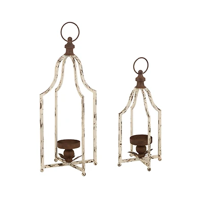 Modern Farmhouse White & Brown Metal Candle Lantern Set, 22" x 16.5"