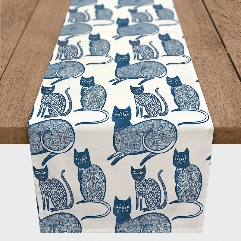 Blue Cat Pattern 16" x 90" Cotton Twill Runner