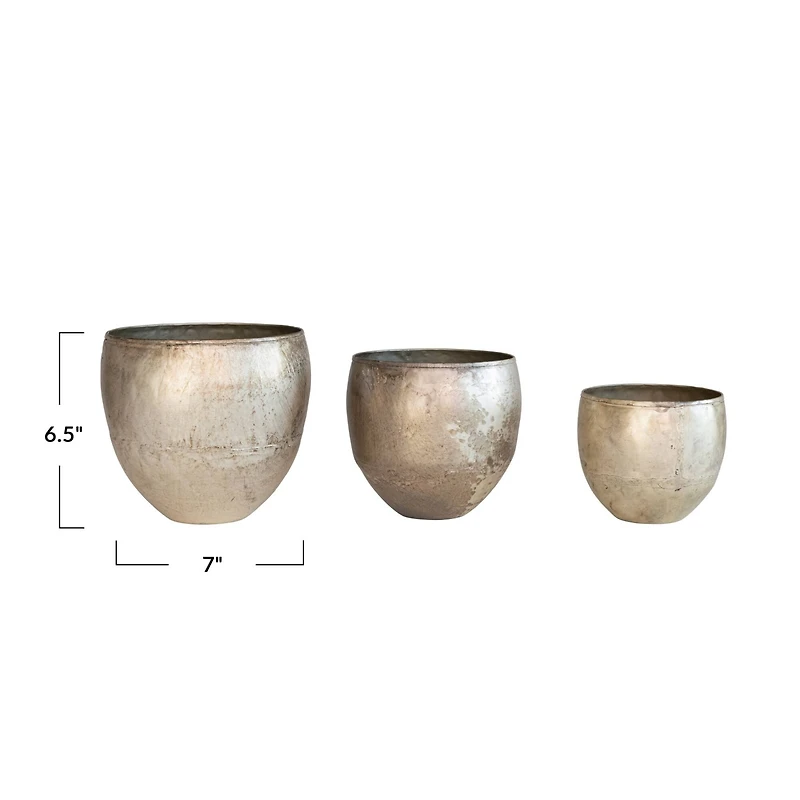 Hello Honey® Distressed Pewter Finish Round Metal Planters Set