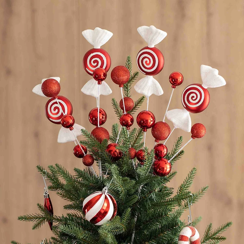 Glitzhome® Whimsical Red & Green Shatterproof Ornaments, Candy Picks & Ribbon Bow Set