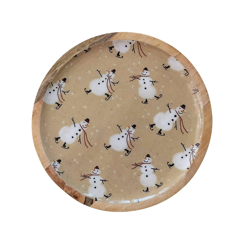 Hello Honey® 11.7" Round Snowman Enameled Mango Wood Tray