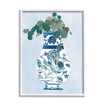 Stupell Industries Green Vine Plant Ornate Blue Bird Vase Framed Wall Art