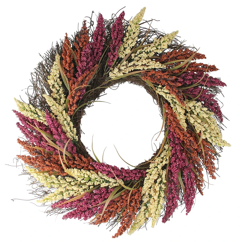 22" Pink & Orange Autumn Harvest Mixed Heather & Grapevine Wreath