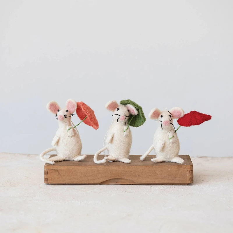 Hello Honey® Handmade Wool Felt Mouse Ornaments with Umbrellas Set