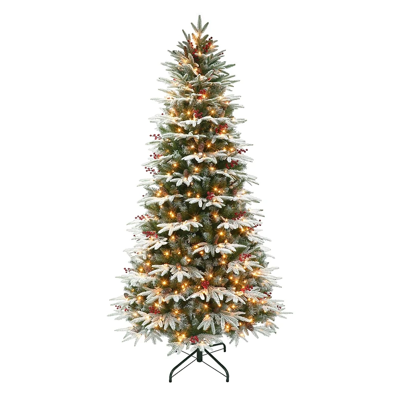 6.5ft. Pre-Lit Flocked Slim Halifax Fir Artificial Christmas Tree with Red Berries & Pinecones, Clear Lights