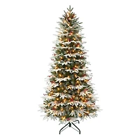 6.5ft. Pre-Lit Flocked Slim Halifax Fir Artificial Christmas Tree with Red Berries & Pinecones, Clear Lights