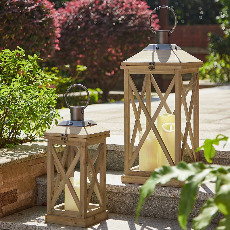 Glitzhome® Brown Wooden Modern Farmhouse Lantern Set