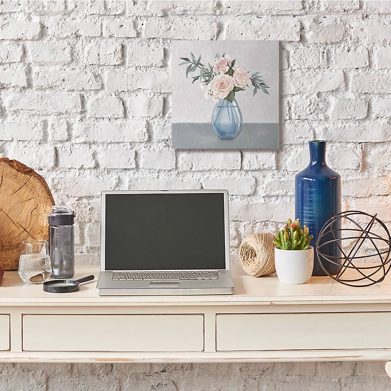 Stupell Industries Pink Roses Blue Teardrop Vase Soft Florals Canvas Wall Art