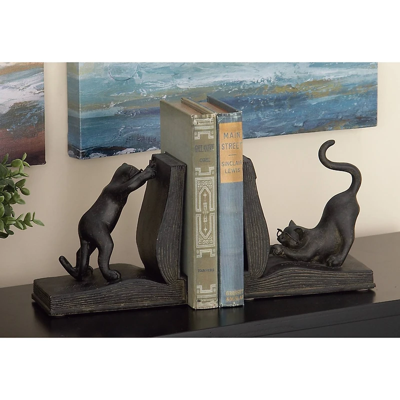 Black Polystone Eclectic Cat Bookends Set
