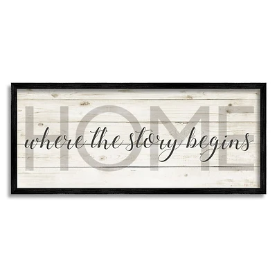Stupell Industries Story Begins Family Home Inspirational Word Textured Wood Design Framed Wall Art