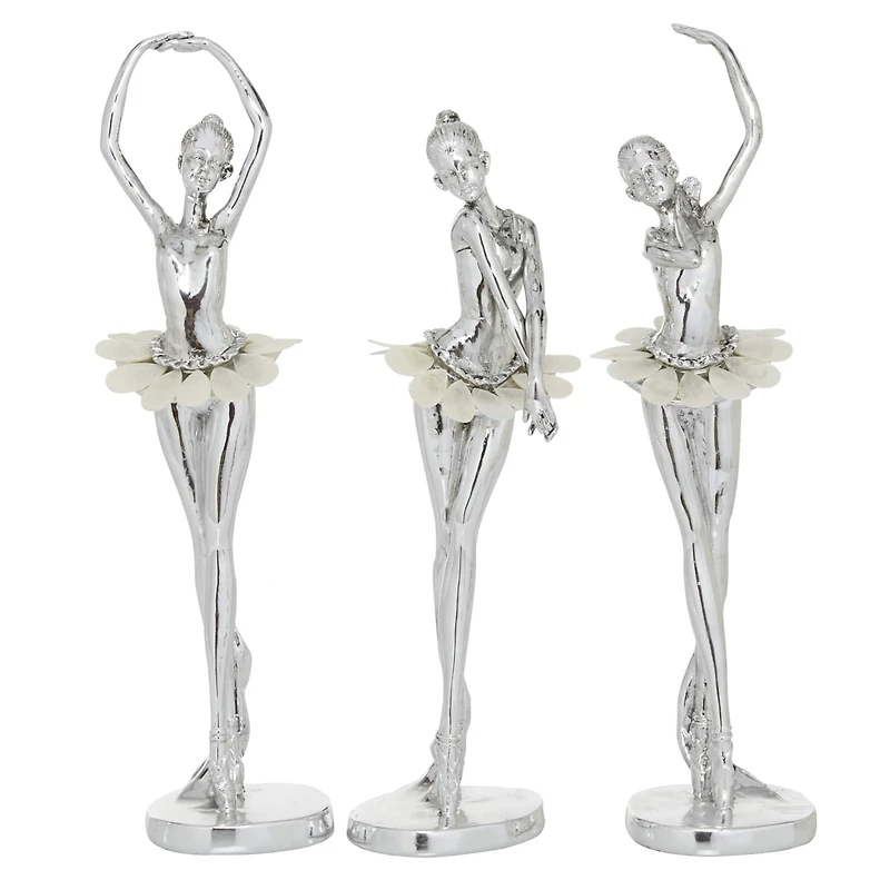 Set of 3 Silver Polystone Glam Dancer Sculpture, 10.75", 11.75", 11.75"