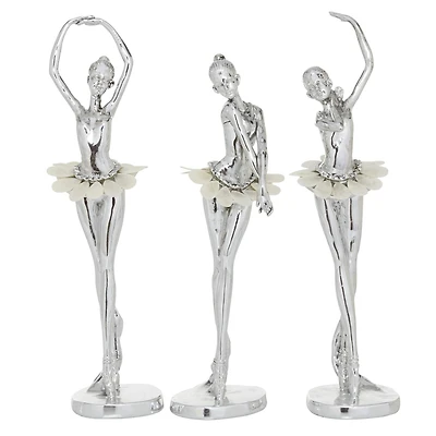 Set of 3 Silver Polystone Glam Dancer Sculpture, 10.75", 11.75", 11.75"