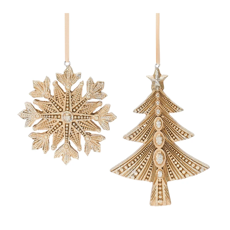 Glittered Gold Pine Tree & Snowflake Ornament Set