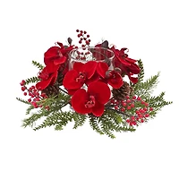 6" Red Orchid, Berry & Pine Holiday Candelabrum