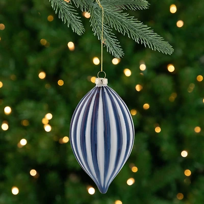 5.75" Blue and White Striped Finial Glass Christmas Ornament