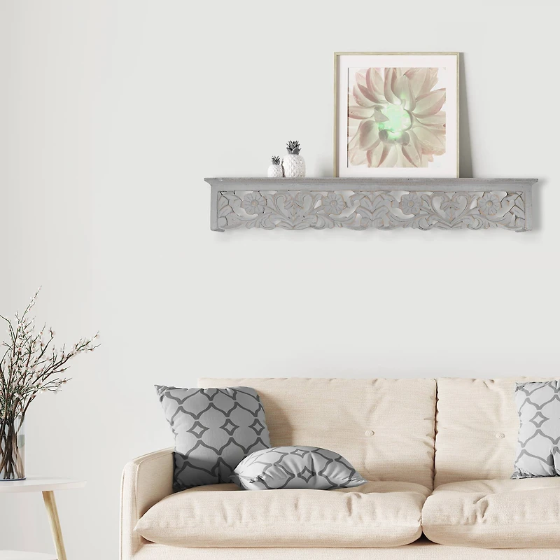 30" Gray Hand-Carved Medallion Floating Wall Shelf