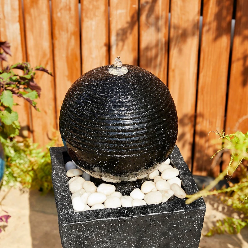Glitzhome® Modern LED Black Geometric Pedestal & Sphere Outdoor Floor Fountain