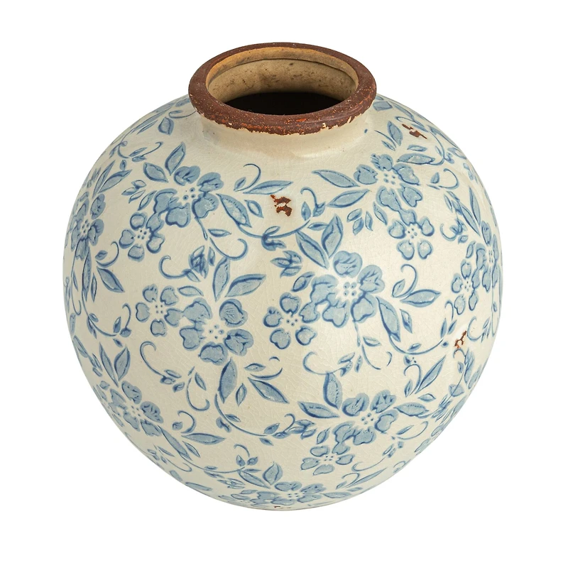 Hello Honey® 8" Blue & White Crackle Floral Terra Cotta Vase