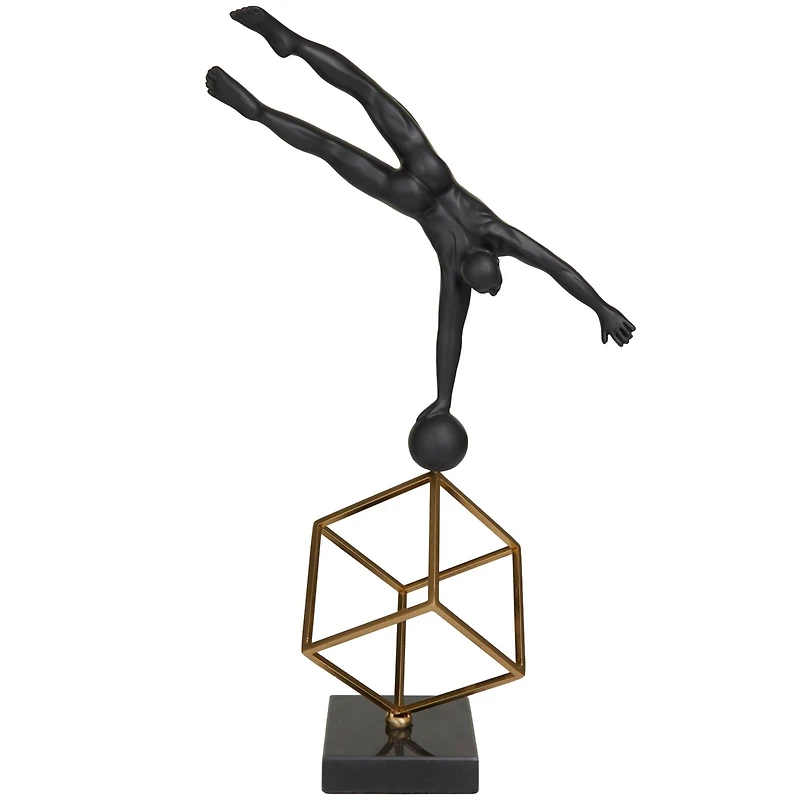 17" Black Marble Gymnast Sculpture with Gold Cube Base