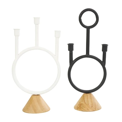 Black & White Metal Abstract Circular Ring Candle Holder with Wooden Cone Bases Set