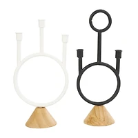 Black & White Metal Abstract Circular Ring Candle Holder with Wooden Cone Bases Set