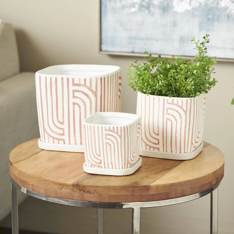 Pink Geometric Linear Arch Pattern Planter Set