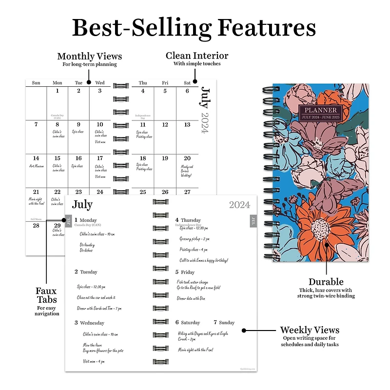 TF Publishing 2024-2025 Small True Blue Flowers Spiral Weekly Monthly Planner