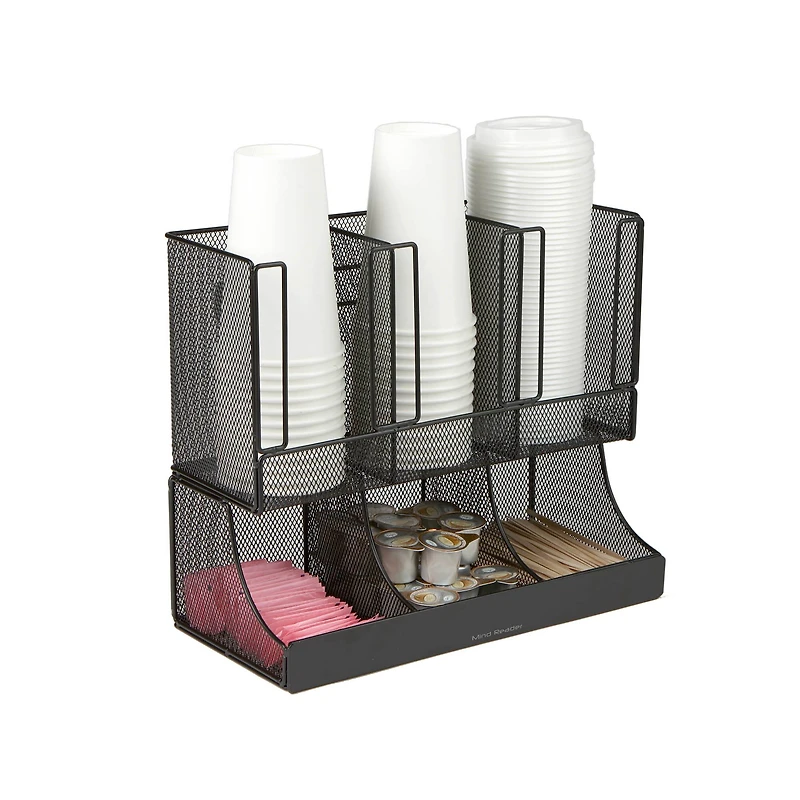 Mind Reader Black Metal Mesh 6 Compartment Upright Breakroom Coffee Condiment and Cup Storage Organizer