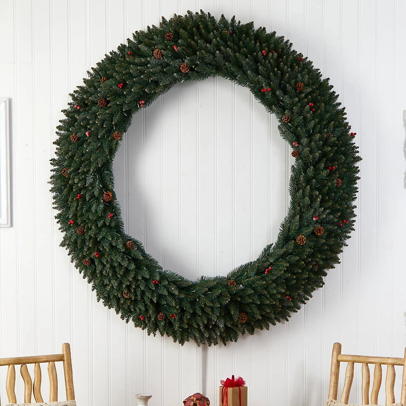 6ft. Clear LED Lights Flocked Artificial Christmas Wreath With Pinecones & Berries