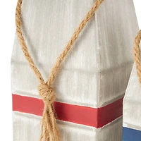 White Metal Striped Buoy Sculpture with Rope Handles Set