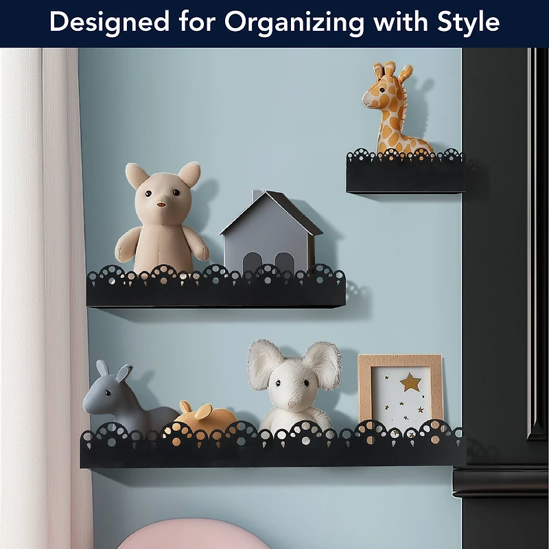 American Art Decor Scallop Metal Floating Shelves, 3pc Picture Ledge Set, Black - 3" x 5" x 24"