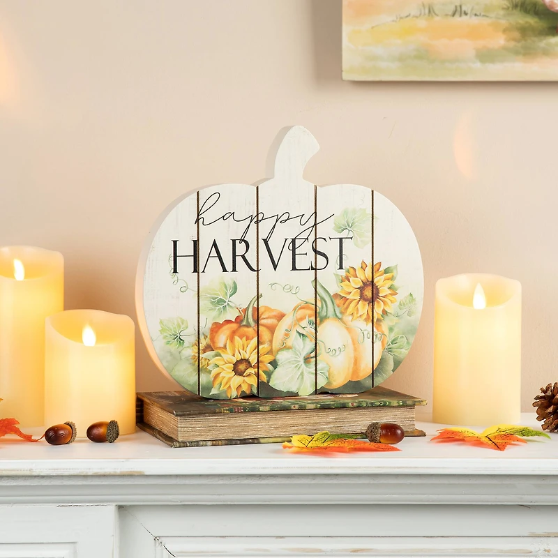 Glitzhome® 9.75" "Happy Harvest" Wooden Pumpkin Table Sign