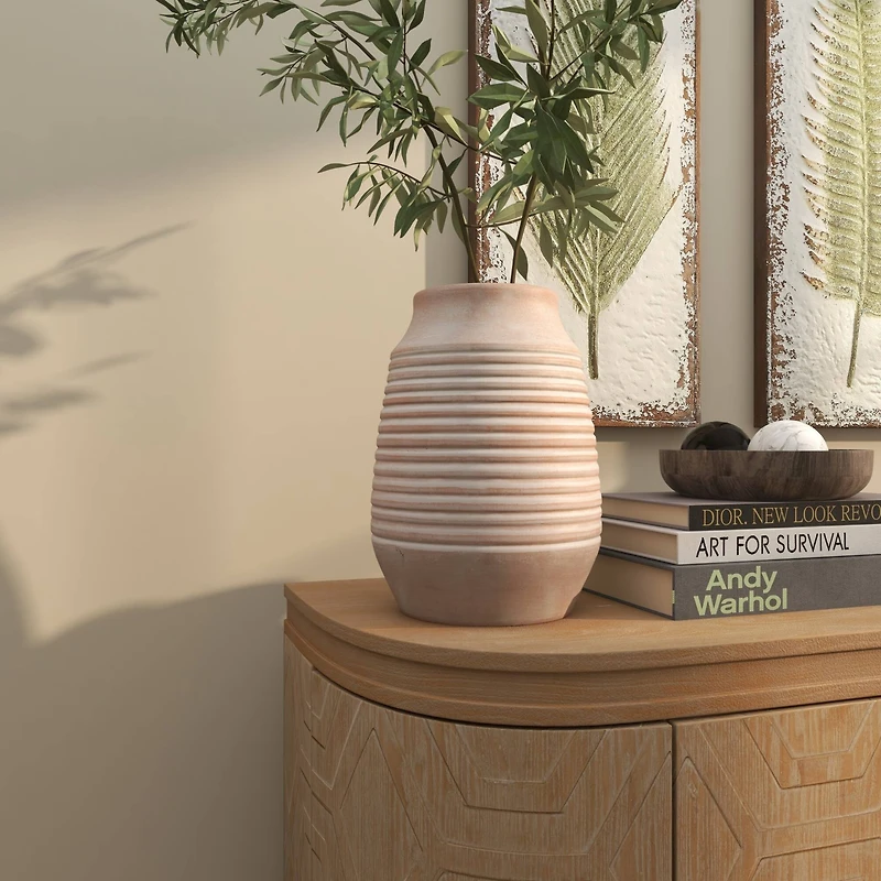 11" Pink Ceramic Whitewashed Ribbed Vase