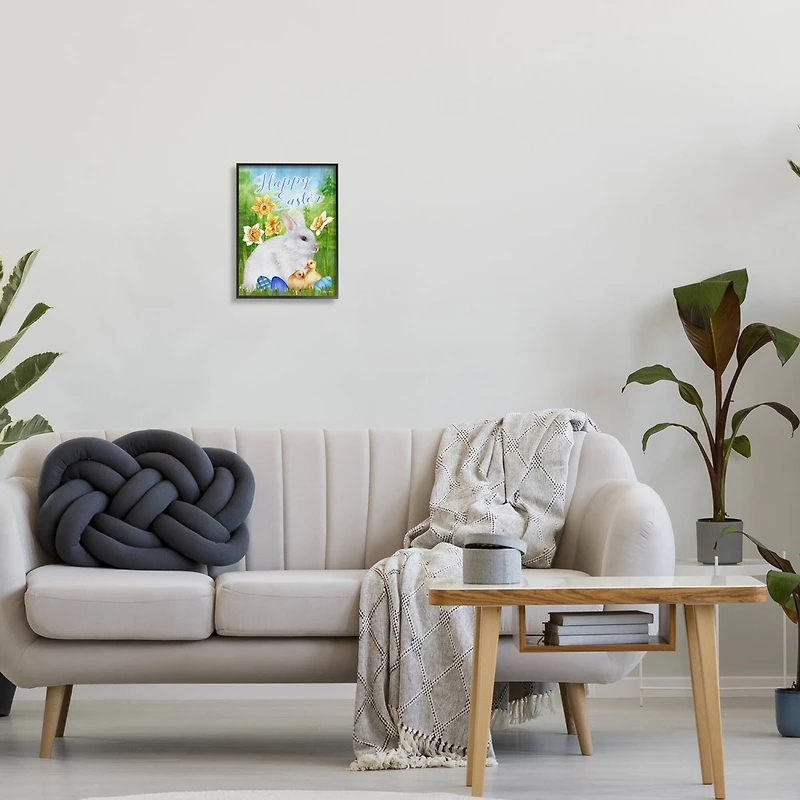 Stupell Industries Happy Easter Spring Bunny Rabbit Phrase Baby Chicks Framed Giclee Art