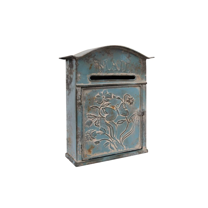 Hello Honey® 12" Distressed Blue Embossed Tin Mail Box