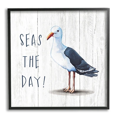 Stupell Industries Seas the Day Sentiment Rustic Nautical Seagull Bird in Frame Wall Art