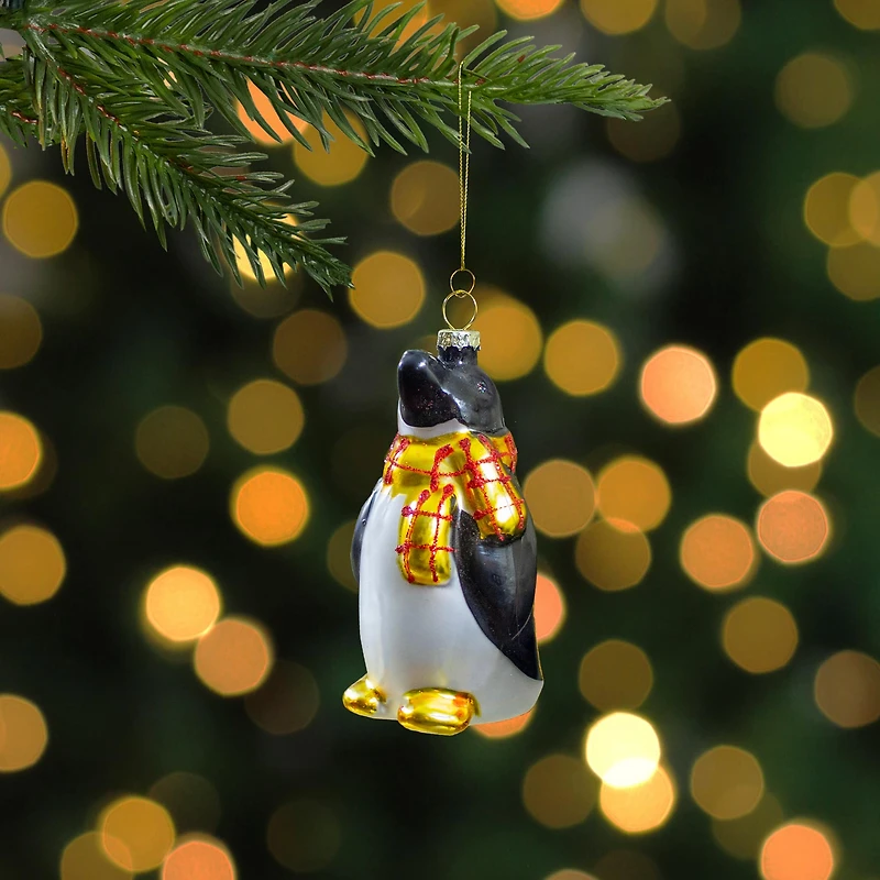 3.75" Black, White & Yellow Glass Penguin Christmas Ornament