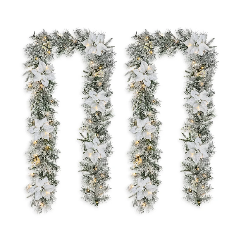 Glitzhome® 9ft. Pre-Lit Snow-Flocked Greenery Pine & Poinsettia Christmas Garlands, 2ct.