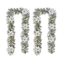 Glitzhome® 9ft. Pre-Lit Snow-Flocked Greenery Pine & Poinsettia Christmas Garlands, 2ct.